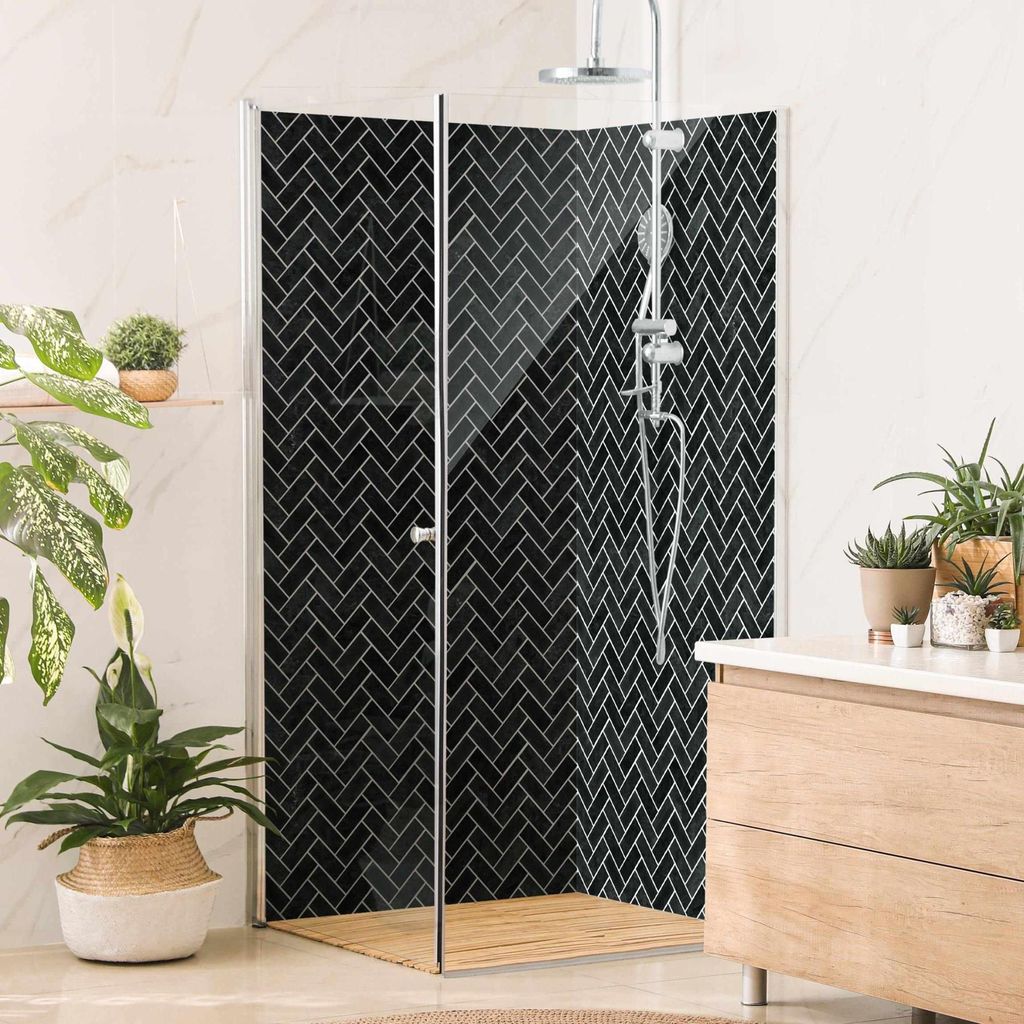 Duschrückwand mit Motiv selbstklebend - 0.61 mm Wandpaneel wasserfest Design schwarz Fliesenoptik Badrückwand fugenlos Premium matt 80x200 cm
