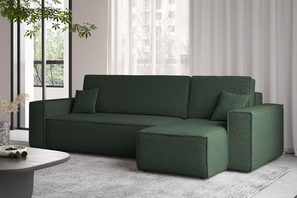 Ecksofa mit schlaffunktion und bettkasten, Ecksofa L-Form, Eckcouch L-Form BEST stoff Abriamo Rechts Dunkelgrün