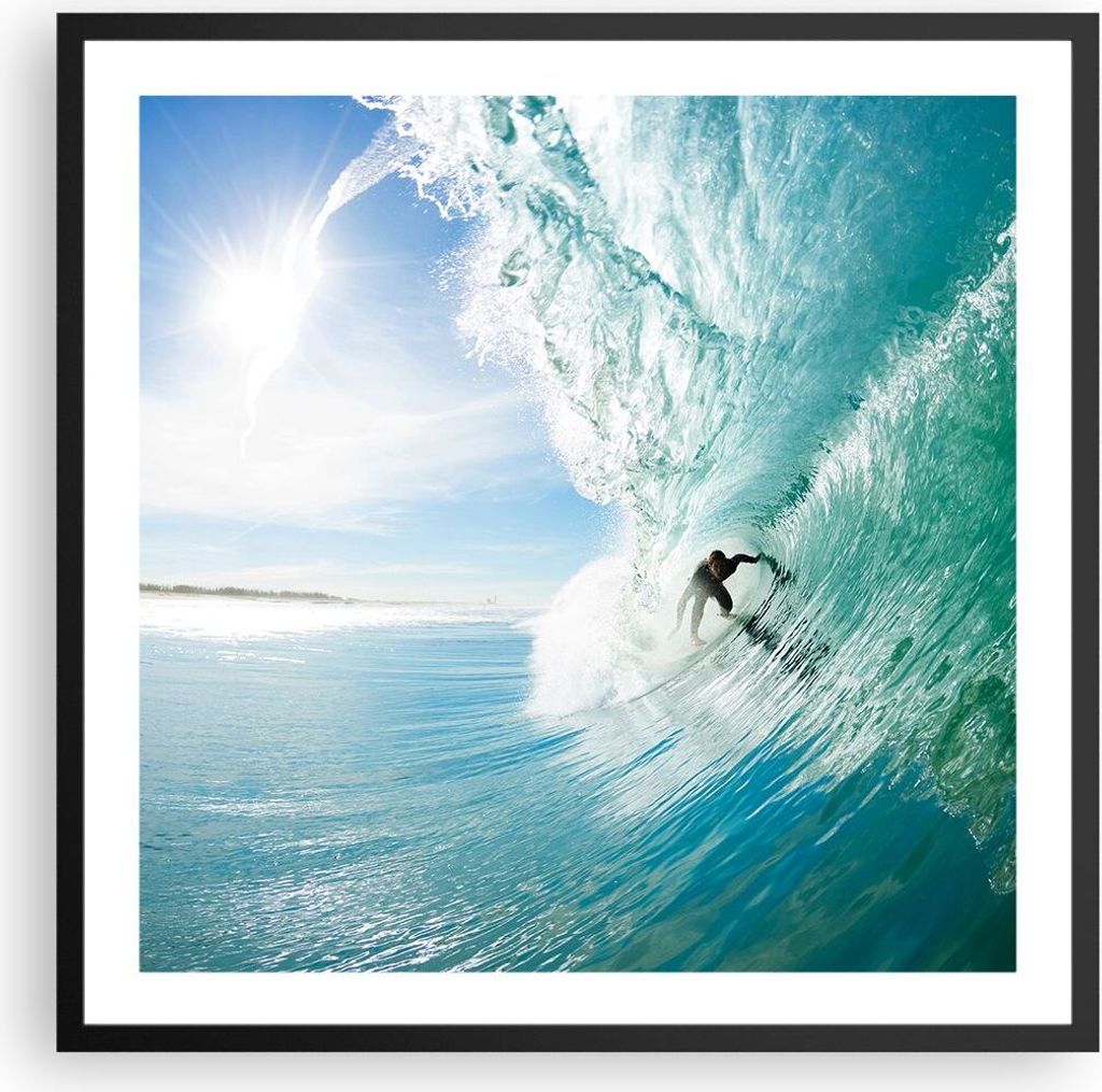 Gerahmtes Poster - Schwarzer Rahmen - Abenteuer surfer welle ozean - 60x60 cm - Wand Bild - Wanddeko - Wandbilder - Wandposter - Bilderrahmen - Bil...