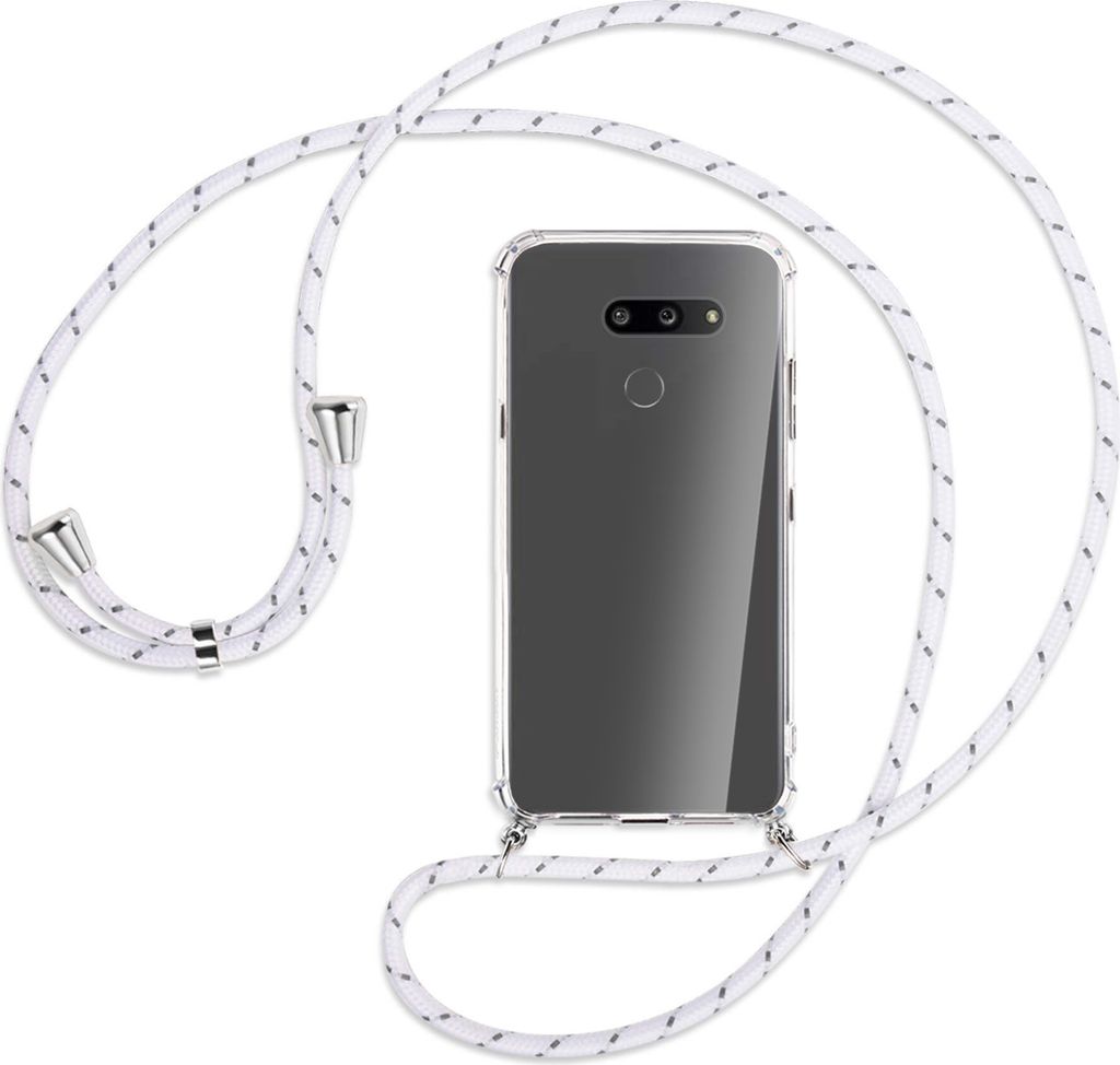 Handykette Backcover-Schutzhülle mit Band (Metall silberfarben) für LG G8X ThinQ - weiß/grau