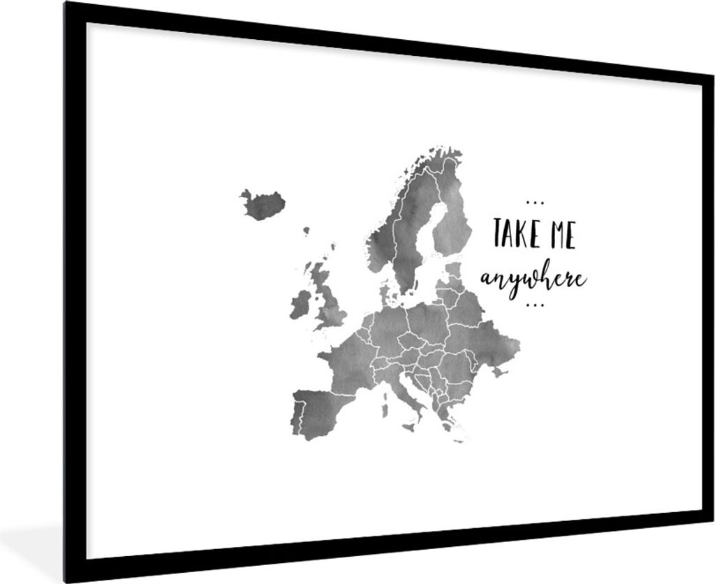 MuchoWow Gerahmtes Poster Eurocard in grauer Aquarellfarbe mit dem Text "Take me anywhere" - schwarz-weiß 90x60 cm - Poster mit Schwarzem Bilder...