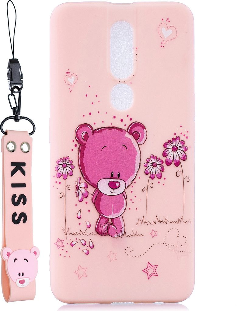 Für OPPO F11 PRO Cartoon Lovely Coloured Painted Soft TPU Rückenbezug rutschfest Full Protective Case mit Lanyard Light Pink