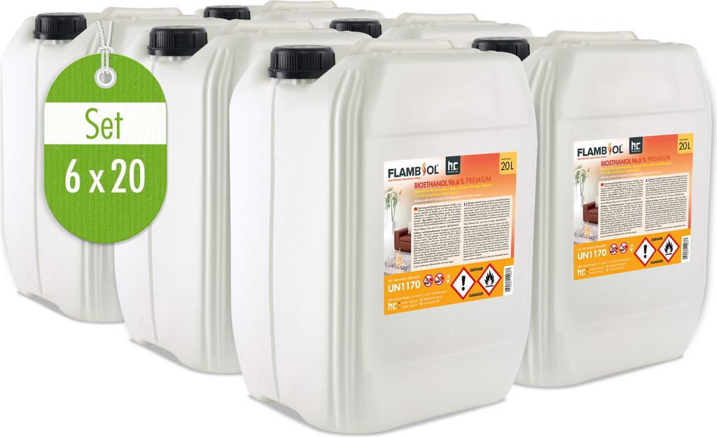 6x 20 L FLAMBIOL Bioethanol 96,6% Premium für Ethanolkamin in Kanistern