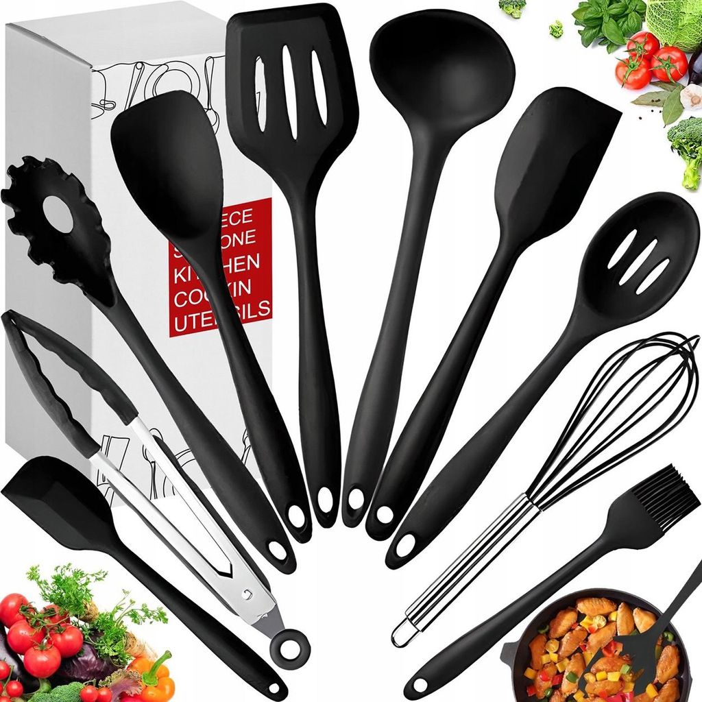 Ensemble d'Ustensiles de Cuisine en Silicone Noir 10 Pièces Image du produit 
