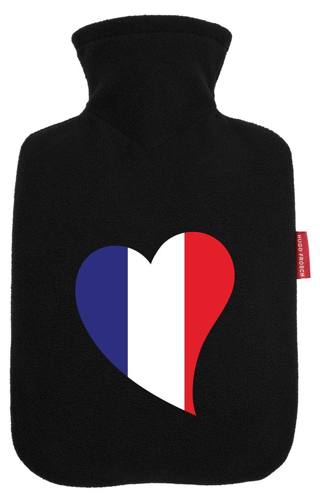Huuraa Wärmflasche Frankreich Flagge Herz 1,8 Liter Black Classic Veloursbezug Bettflasche Geschenkidee