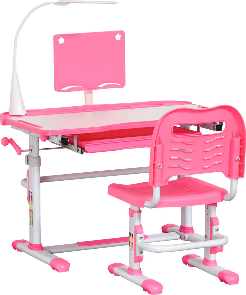 HOMCOM Schreibtisch- und Stuhl-Set für Kinder ab 6 Jahren, Kinderschreibtisch mit höhenverstellbarer neigbarer Tischschublade, LED-Lampe und Stif...