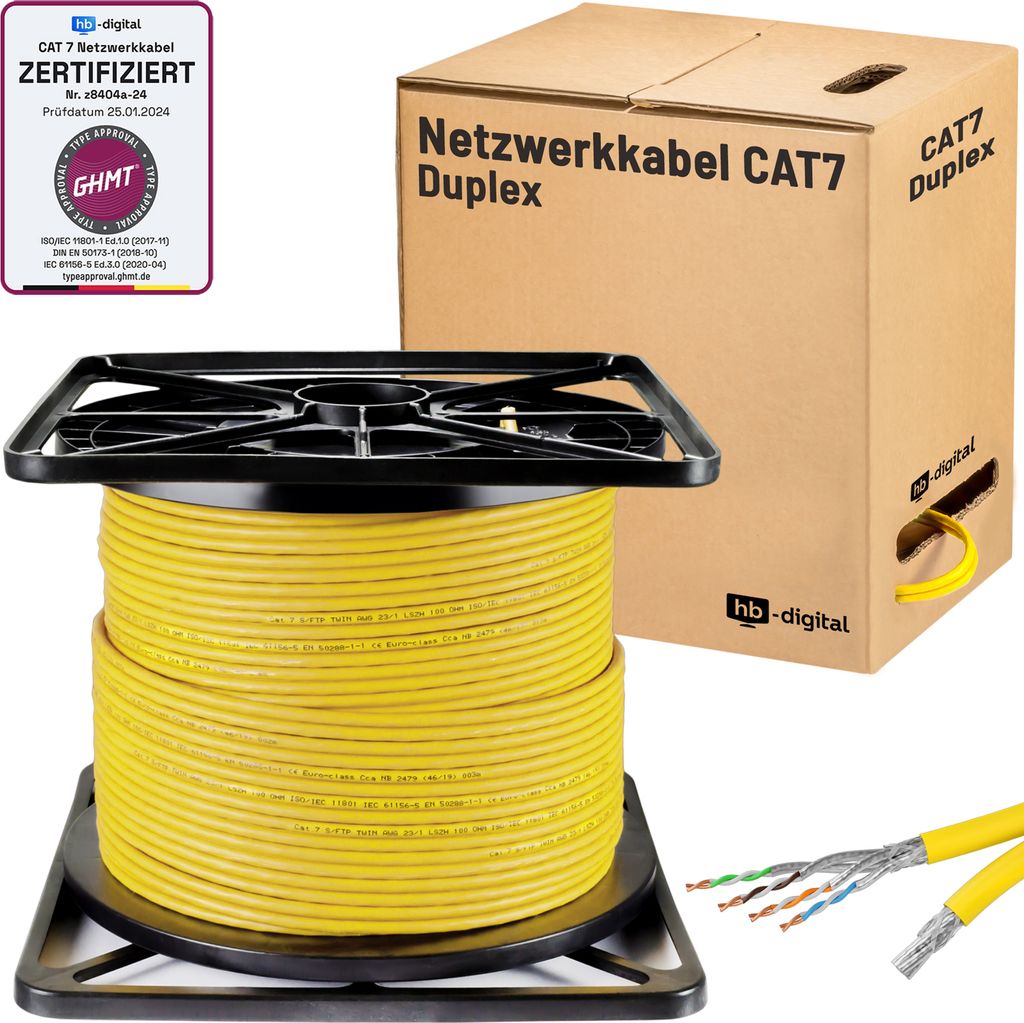 hb-digital Verlegekabel Duplex CAT 7 Installationskabel 100m S/FTP AWG23 LSZH gelb