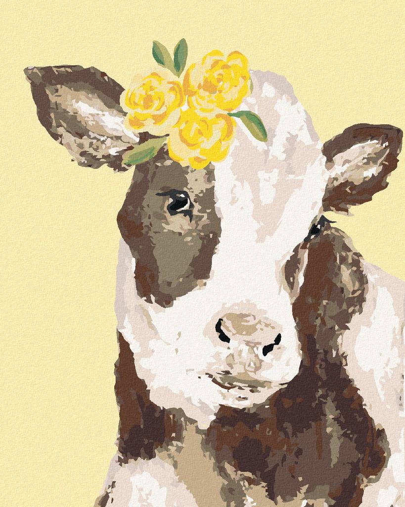 Zuty - Malen nach Zahlen - KUH MIT GELBER BLUME (HALEY BUSH), 40x50 cm, mit Keilrahmen (bereits gespannt)