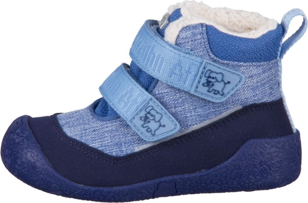 A single blue winter boot for children, shown from the side against a white background.