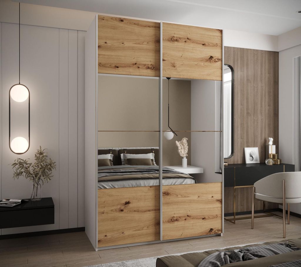 Zweitüriger Kleiderschrank SAMARA 4 – 160 cm, weiß/Eiche handwerklich/silber