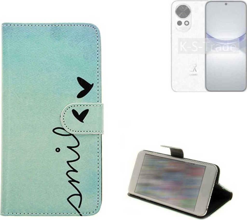 K-S-Trade Schutz Hülle Handy Hülle kompatibel mit Huawei nova 12 Hülle Handyhülle cover bookstyle Etui Handyhülle “smile“ türkis