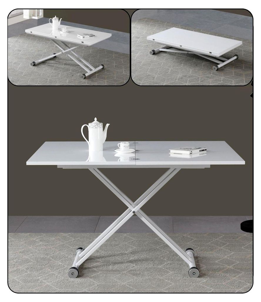 Platzsparender, höhenverstellbarer Tisch; Lift-Tisch; Verstellbarer Couchtisch (weiß lackiert mit weißen Beinen)