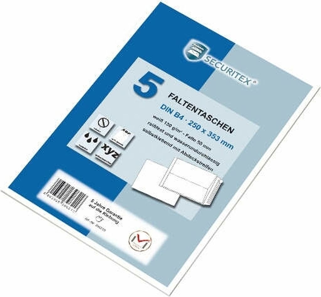 Faltentaschen Securitex B4 130g/qm haftklebend weiß VE=20x5 Stück