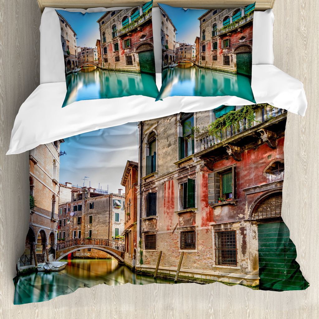 ABAKUHAUS Venedig Bettbezugs Set Für Doppelbetten, Italien Stadtwasserkanal, Milbensicher Allergiker geeignet mit Kissenbezügen, Blaugrünes Rotgrau