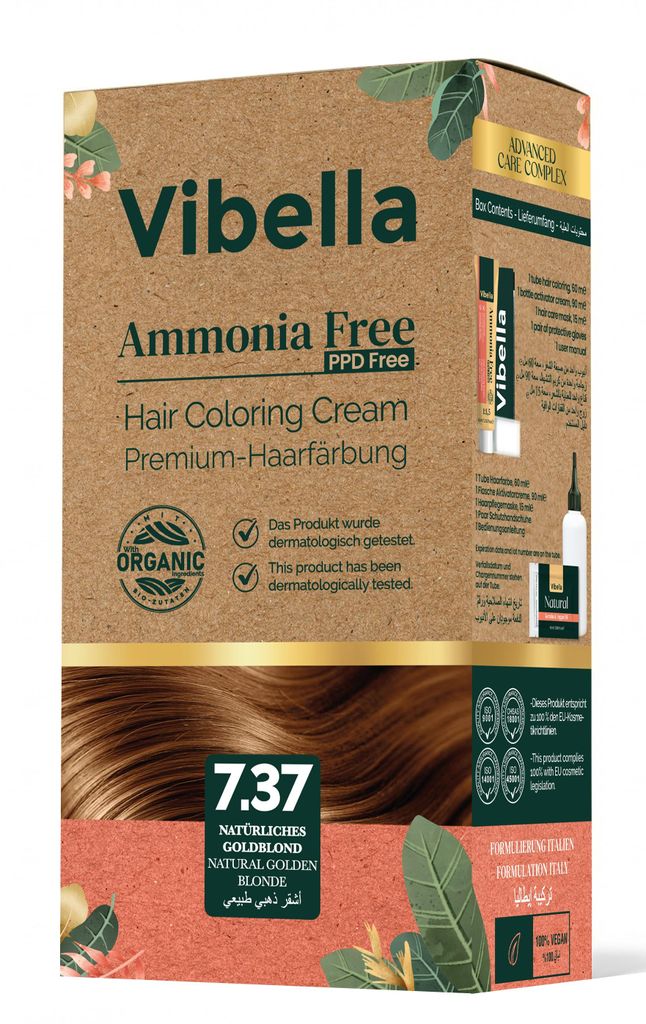 Vibella Haarfärbecreme Nr. 7.37 Natürliches Goldblond – Premium-Haarfärbung ohne Ammoniak, Strahlende Farbbrillanz & zuverlässige Grauabdeckung