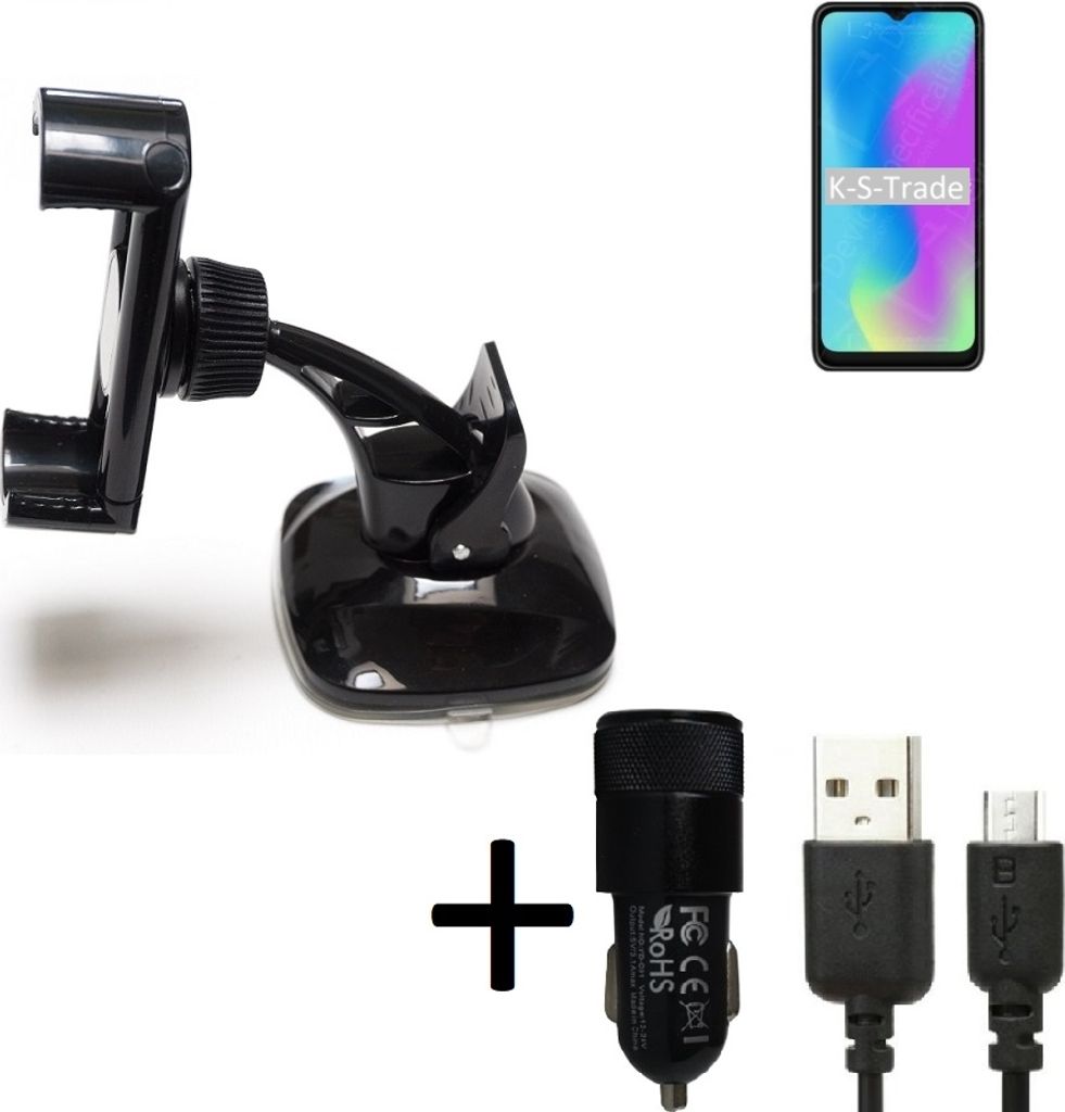 K-S-Trade Halterung kompatibel mit HiSense E50 Lite Windschutzscheibe / Armaturenbrett + LADEGERÄT mit Mico USB Kabel Autohalterung KFZ Halter