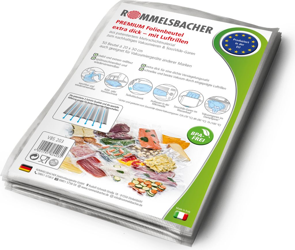 Vakuumbeutel VBS 203, 50 Stück à 20 x 30 cm, lebensmittelecht, hohe Absaugwirkung, extrem reißfest, erhitzbar bis 100 °C