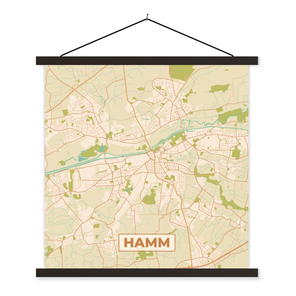 MuchoWow Textilposter Karte - Hamm - Vintage - Stadtplan - Karte 60x60 cm mit schwarzem Rahmen - Posteraufhänger