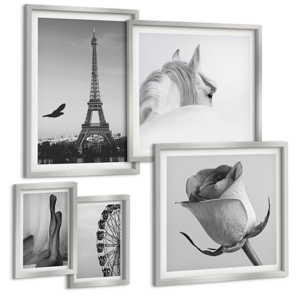 Bilder Set 5-teilig im silbergerahmten Rahmen – Wandbilder 5 Stück – gerahmte Poster für Wohnzimmer, Schlafzimmer und Flur – 50x50 cm - 40x...