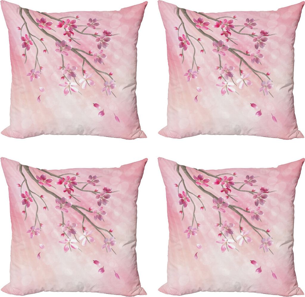 ABAKUHAUS Natur Kissenbezug Set (4 Stück), Baum-Zweig mit Blumen, Moderner Doppelseitiger Digitaldruck, 45 cm x 45 cm, Pink Fuchsie