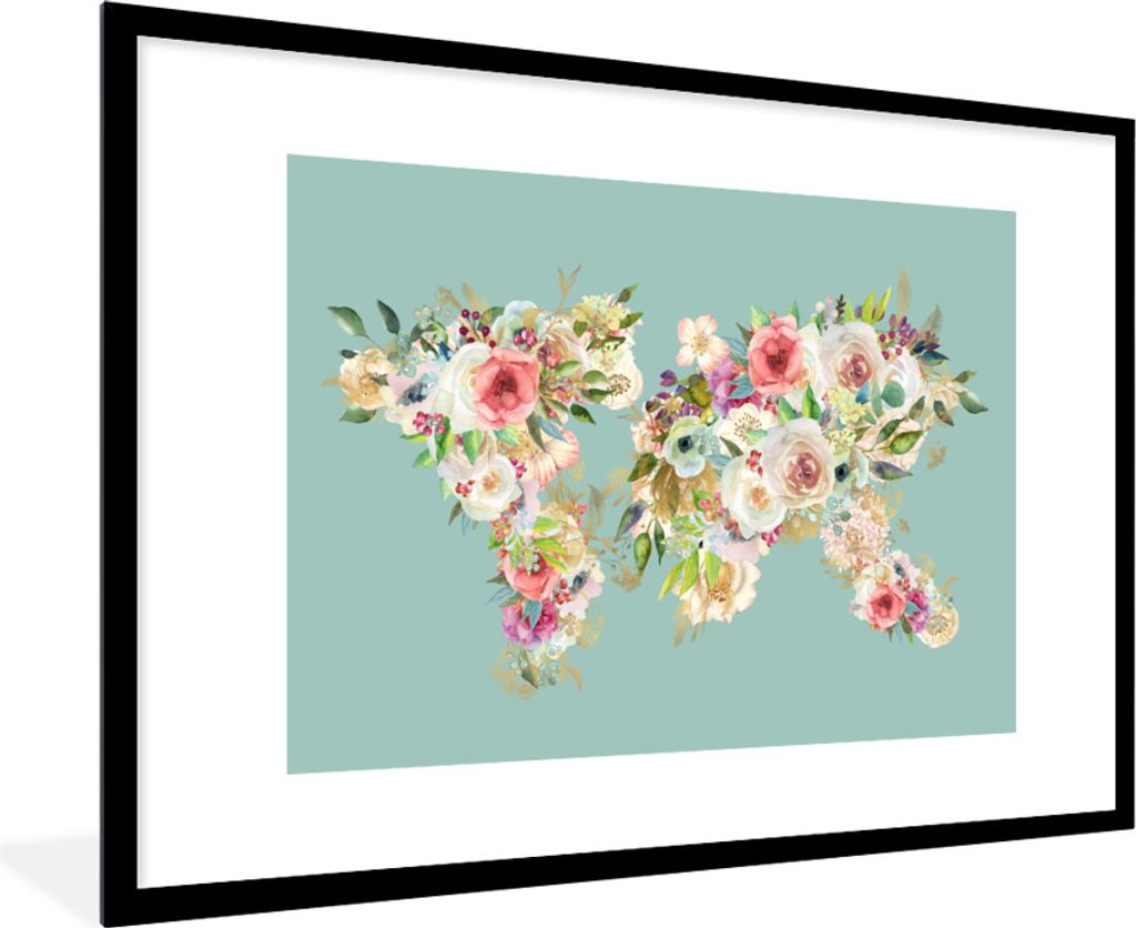 MuchoWow Gerahmtes Poster Karte - Welt - Blumen - Pflanzen 90x60 cm - Poster mit Schwarzem Bilderrahmen Wandposter Rahmen Foto Bilder - Wanddekor...