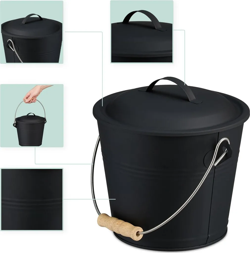 Secchio per Cenere 4,5L con Coperchio e Kit Pulizia Camino | Acciaio Nero