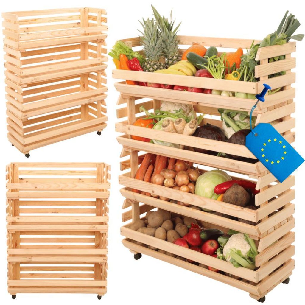 MODO24 Gemüseregal Holz, 4 Holzkisten, Kartoffelsteige, Obstregal, Rollenregal, Stapelbar, Vorratsregal, Massivholz Kiefer, 106x77x30 cm, Natur, RAWA