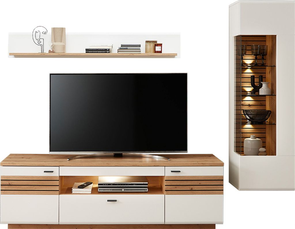 Wohnwand, weiß mit Eiche, FALLON-55, modern, 3-teilig, inkl. Beleuchtung