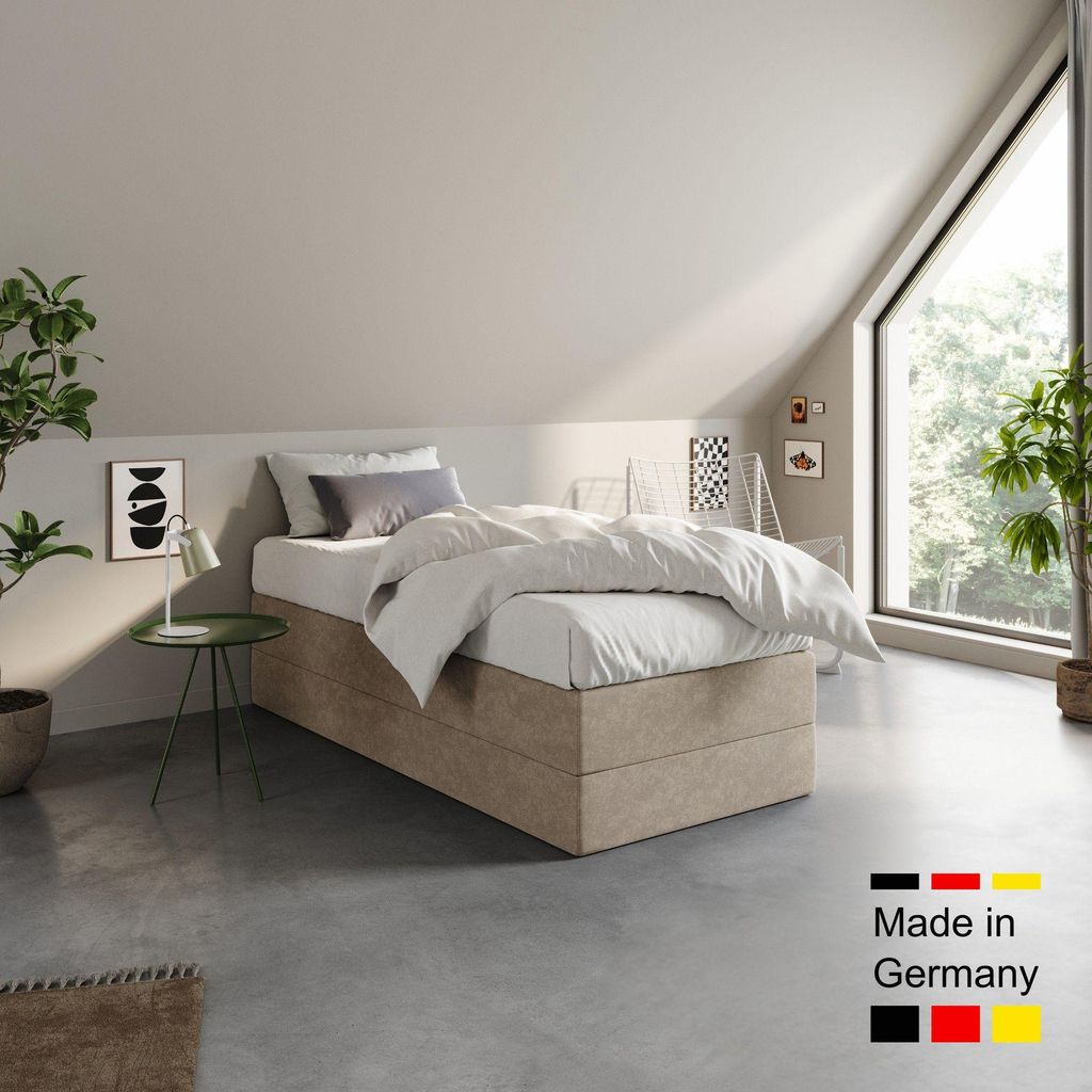 Home Collective Boxspringbett Polsterbett Bett wählbare Matratze Kaltschaum H3, Micro-Velours, platzsparend ohne Kopfteil | 90x200 | Beige