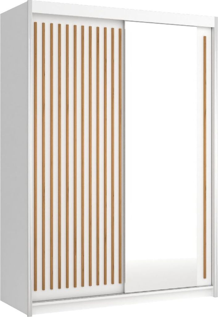 Kleiderschrank ROYAL 150 cm Schrank mit Spiegiel Lamellen Schwebetürenschrank 2-türig Kleiderstange Weiß + Wotan Lamellen