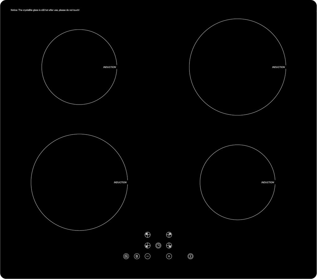 A black induction hob with four heating elements and control buttons.