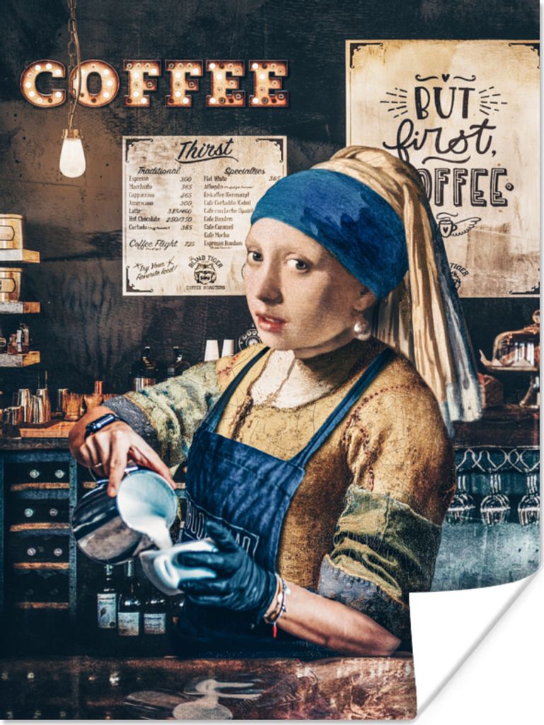 MuchoWow Poster Cappuccino machen - Mädchen mit Perlenohrring - Kaffee - Barista - Vintage - Aber erster Kaffee 60x80 cm - Schlafzimmer Dekoration