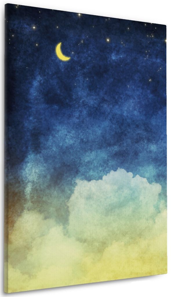 Wallario Premium Leinwandbild Wolkenhimmel mit Mond und Sternen in Größe 60 x 90 cm
