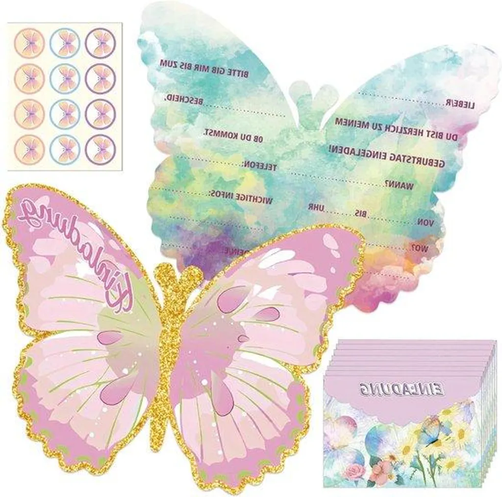 Invitation Anniversaire Papillon : Set de 12 Cartes et Tampons pour Fille