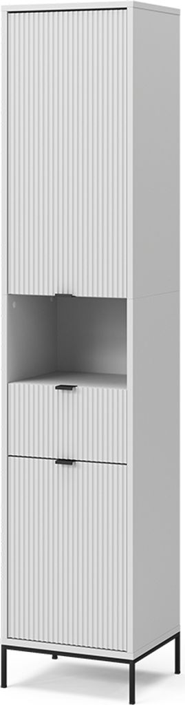 A tall, white cabinet with fluted doors and drawers, standing on thin black legs.