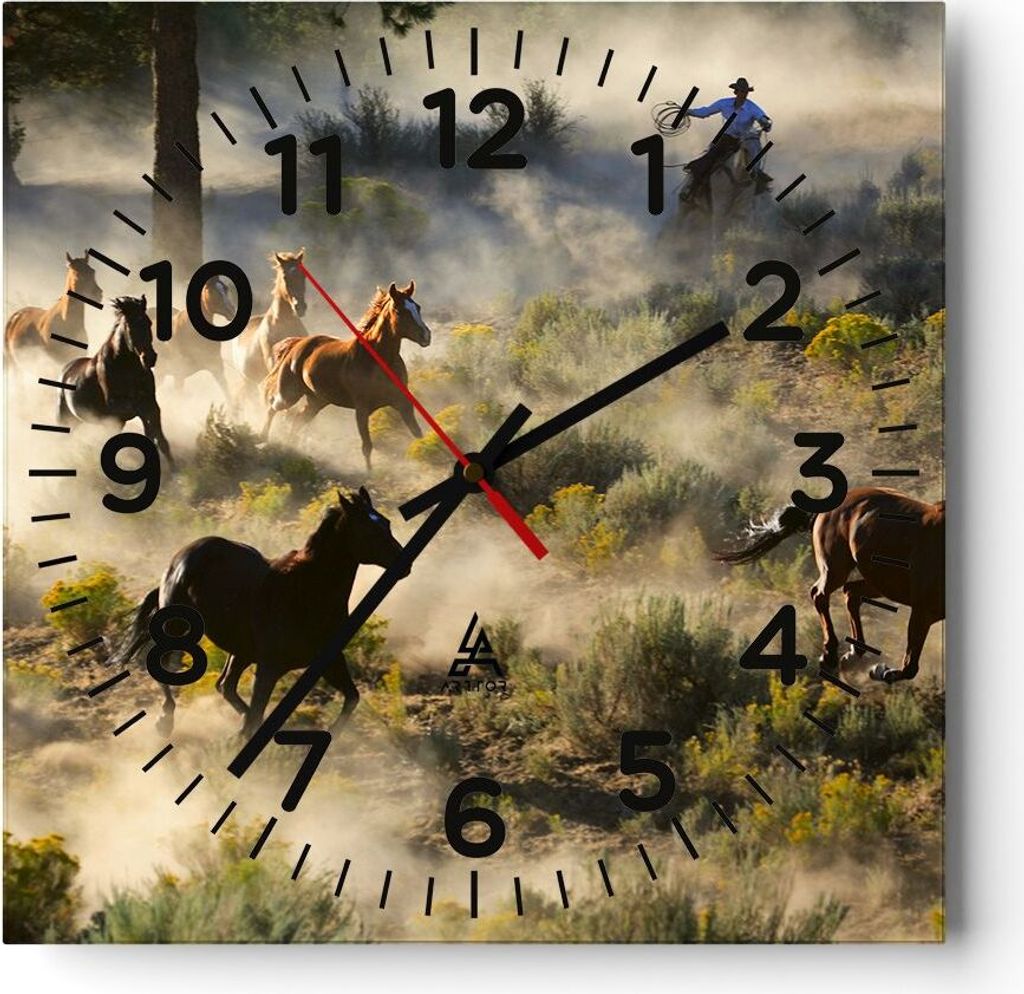 Wanduhr - Quadrat - Glasuhr - Cowboy Cowgirl Pferd - 30x30cm - Schleichendes Uhrwerk - Lautlos - zum Aufhängen bereit - Dekoration Modern - Wandde...