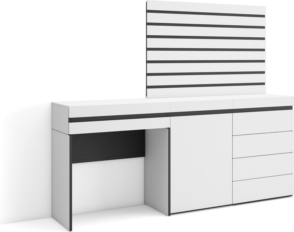 Schminktisch, 177x35x145 cm, mit Schublade, Kommode mit Schubladen, Lamellenwand Holz, Weiß
