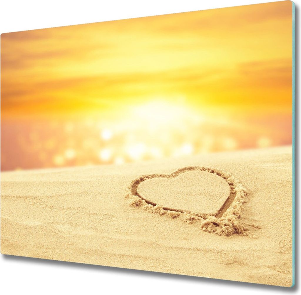 Glas Herdabdeckplatte 60x52 cm Spritzschutz Glasabdeckplatte Schneidebrett Herz auf dem Sand