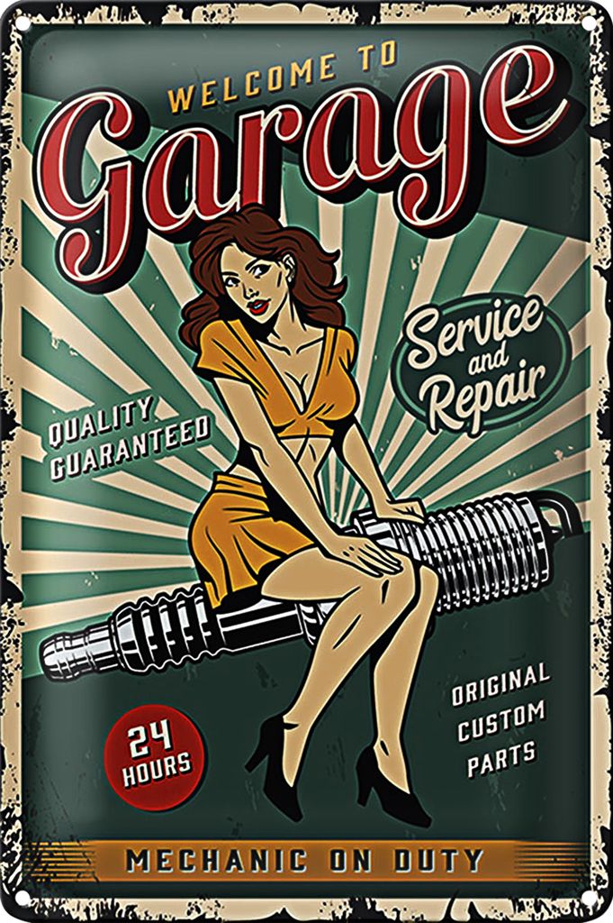 Blechschild Retro 18x12cm Pinup welcome Garage 24 service