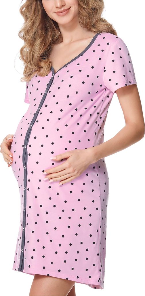 Be Mammy Damen Umstands Nachthemd Kurz Arm mit Stillfunktion BE20-275 (RosaPunkte (Graphite), XXL)