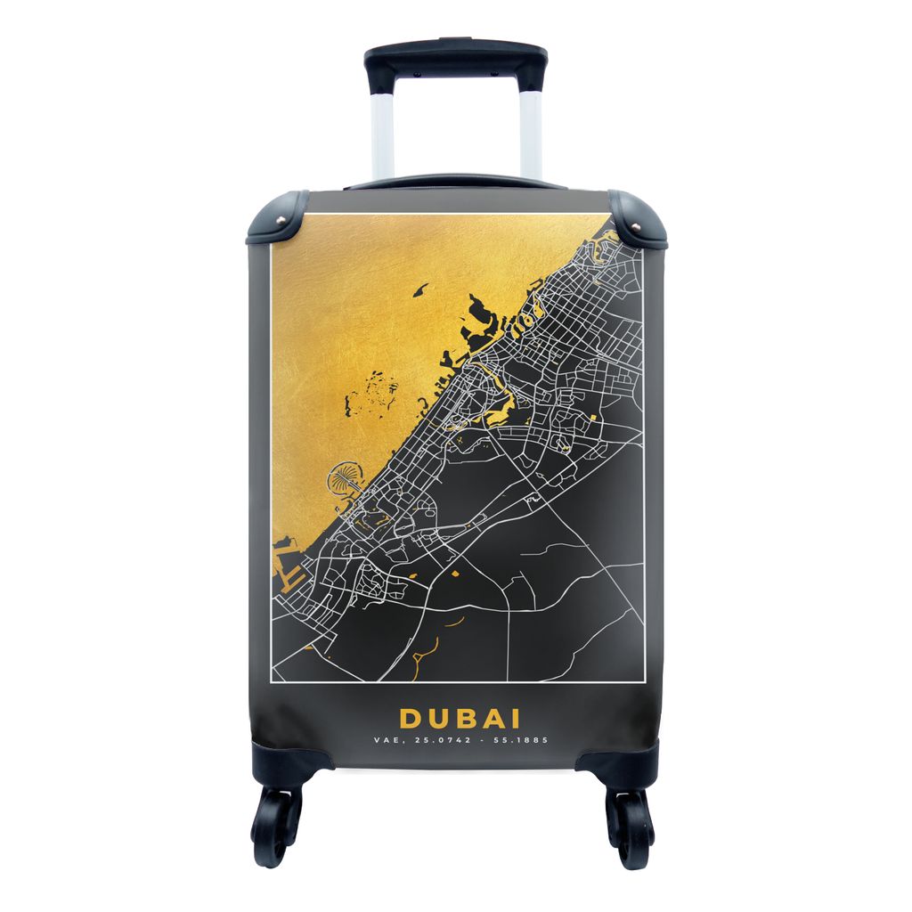 MuchoWow Koffer Handgepäck Trolley Rollkoffer Kleine Reisekoffer mit 4 Rollen - Gold - Stadtplan - Dubai - Karte - Cabin Size < 55x40x23 cm & 55...