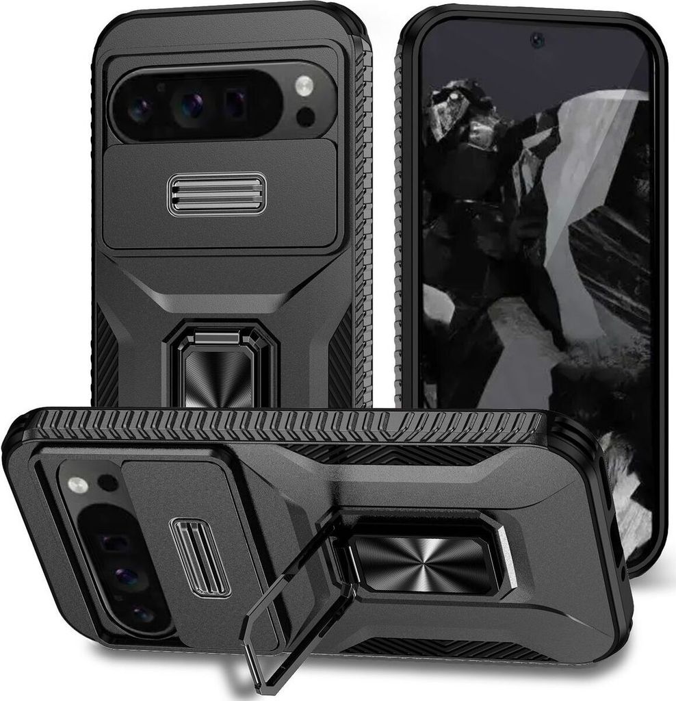 Mobigear Armor Ring Cam Slide Google Pixel 9 Pro XL Hülle Hardcase Backcover Stoßfest mit Ringhalter und Kamera Slider - Schwarz