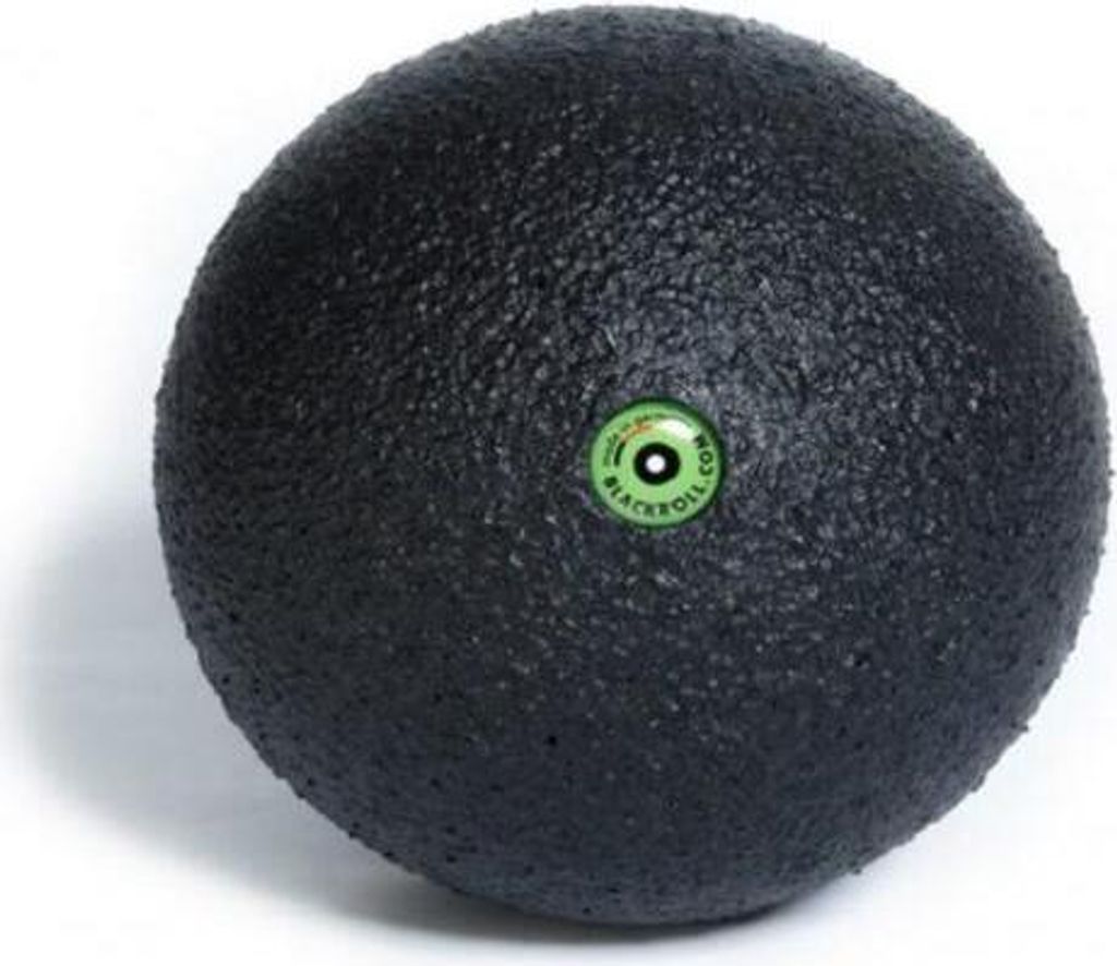 A black massage ball with a green and white logo in the center, on a white background.