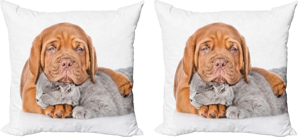 ABAKUHAUS Hund und Katze Kissenbezug Set (2Stück), Sad Bordeaux Kopf auf einem Schlafenkätzchen, 40 x 40 cm, Ingwer Hellgrau Weiß