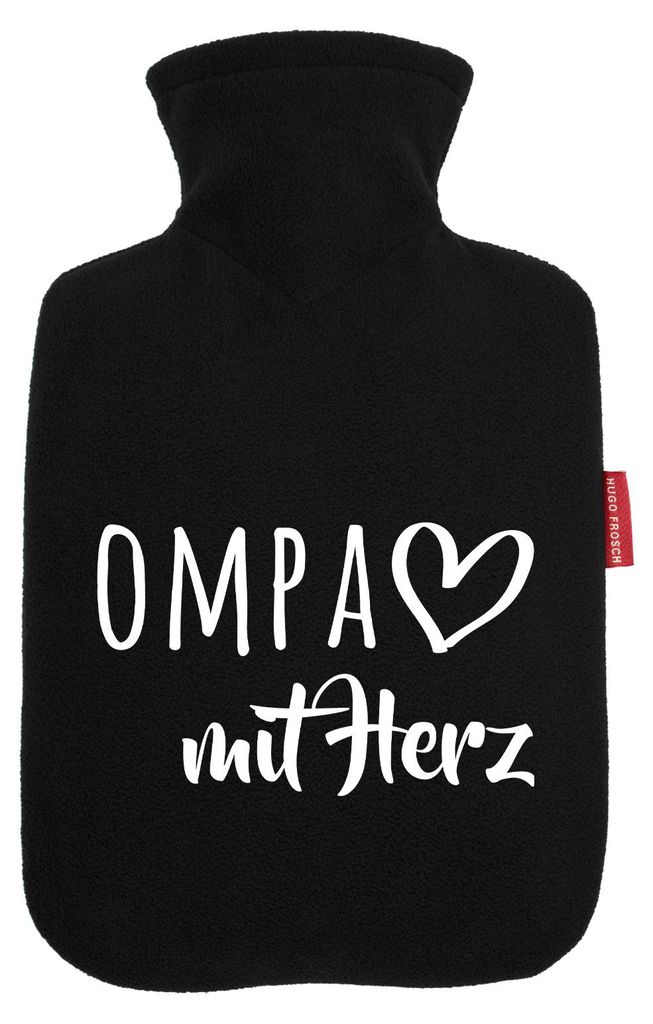 Huuraa Wärmflasche OMPA mit Herz 1,8 Liter Black Classic Veloursbezug Bettflasche Geschenkidee