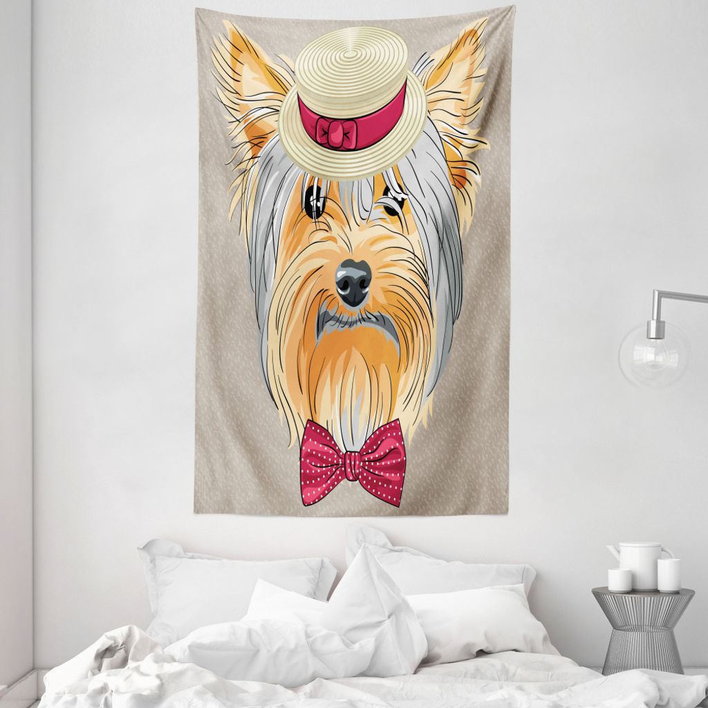 ABAKUHAUS Yorkie Wandteppich und Tagesdecke, Hipster Gentleman Hund aus Weiches Mikrofaser Stoff Waschbar ohne Verblassen Digitaldruck, 140 x 230 c...