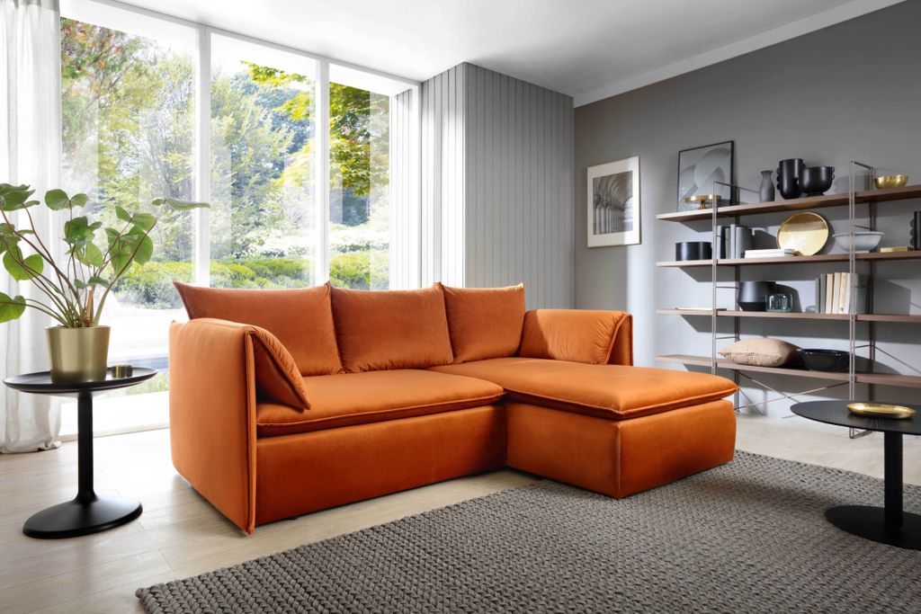 Eckofa mit Schlaffunktion Gloria - Wohnzimmersofa, Schlafsofa - Eckcouch L-Form mit Bettkasten - Rechts - Samtstoff (Orange - Magic Velvet 2213)