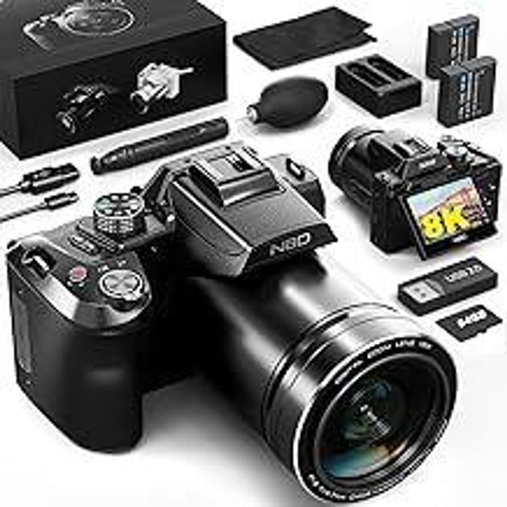 8K Digitalkamera 64MP mit 2.8 Flip-Screen, 16X Zoom, WLAN & Autofokus, Vlogging Kamera für YouTube, Webcam, inkl. 64GB Karte & 2 Akkus (Schwarz)