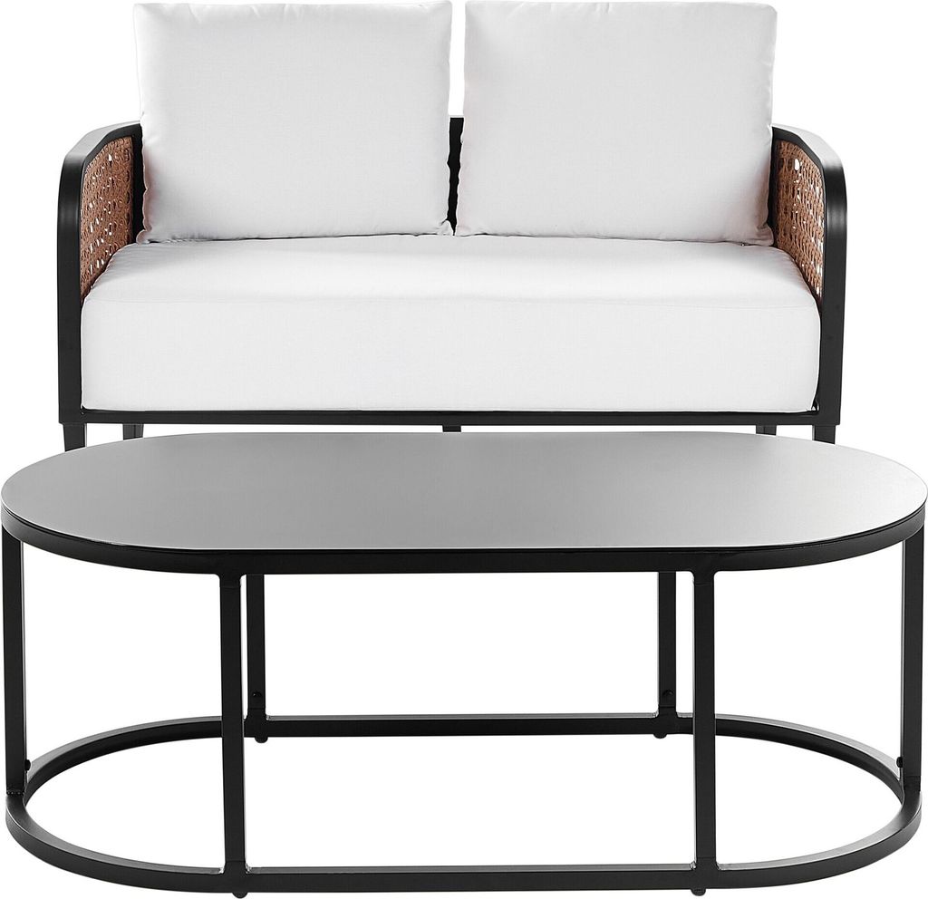 BELIANI Gartensofa mit Tisch 2-Sitzer Schwarz Aluminium Auflagen Cremeweiß Wiener Geflecht Modern Lounge Set Terrasse Balkon Outdoor Gartenzubehör