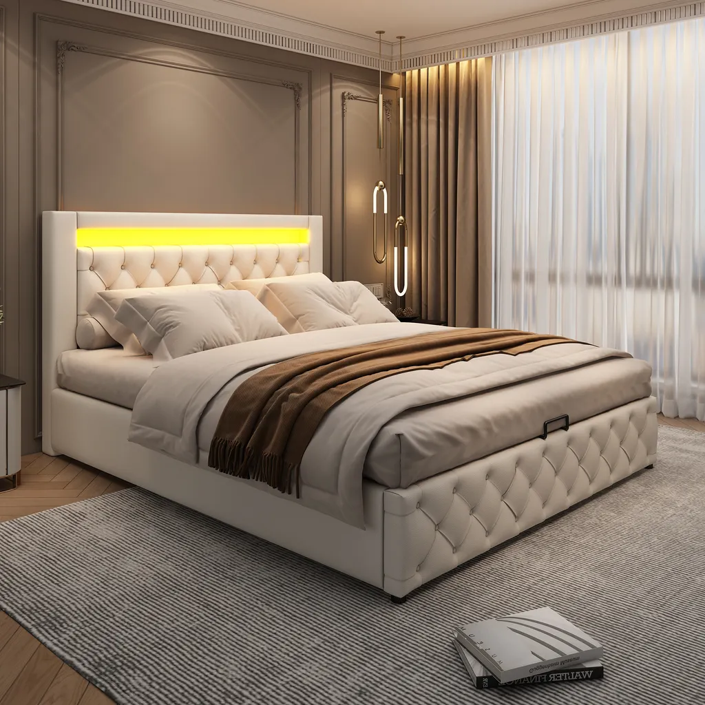 Lit double 140x200cm gain de place avec rangement et sommier intégré